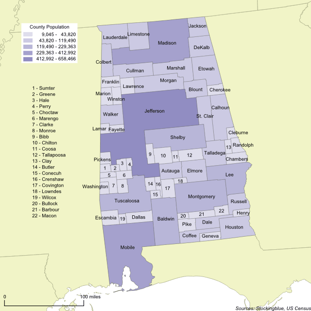 Cartogram map of 2010 Alabama county population