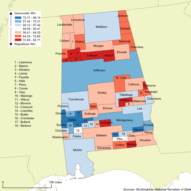 Cartogram map of 2017 Alabama Senate race Cartogram map of 2017 Alabama Senate race