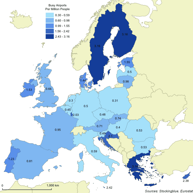 Busy Commercial Airports per Million People in EU States -- Stocking Blue