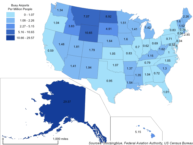 Heavily Used Airports per Million Residents in the US