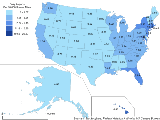 Heavily Used Airports per Area in US States