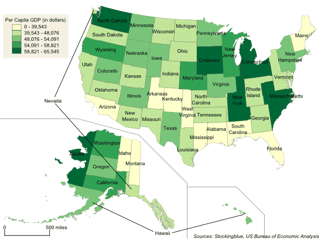 Cartogram map of per capita GDP in the United States