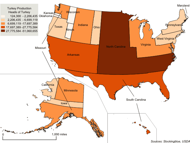 Cartogram map of turkey production in the United States Cartogram map of turkey production in the United States