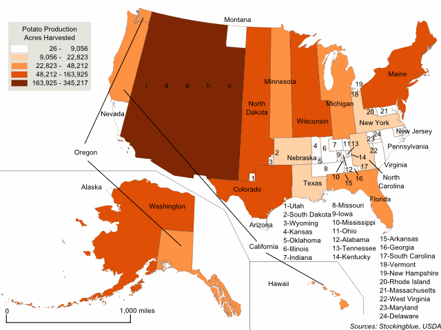 Cartogram map of potato production in the United States