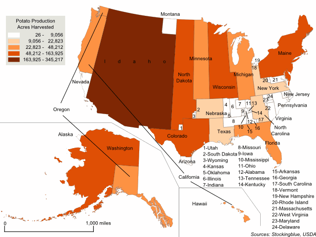 Cartogram map of potato production in the United States Cartogram map of potato production in the United States