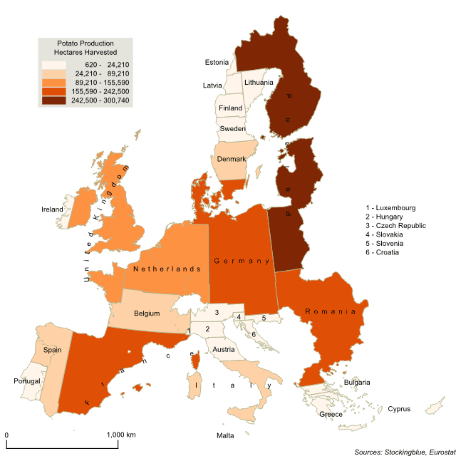 Cartogram map of potato production in the European Union Cartogram map of potato production in the European Union