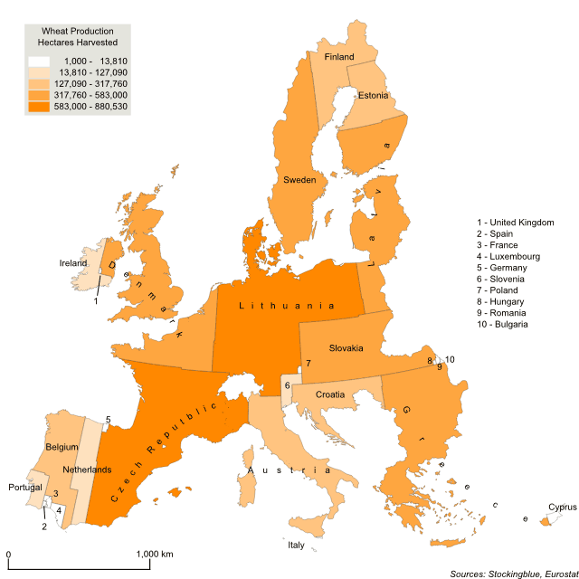 Cartogram map of wheat production in the European Union Cartogram map of wheat production in the European Union