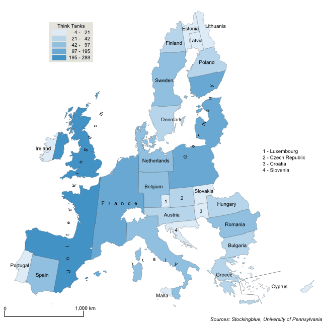 Cartogram map of think tanks in the European Union