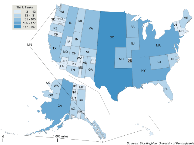 Cartogram map of think tanks in the United States Cartogram map of think tanks in the United States